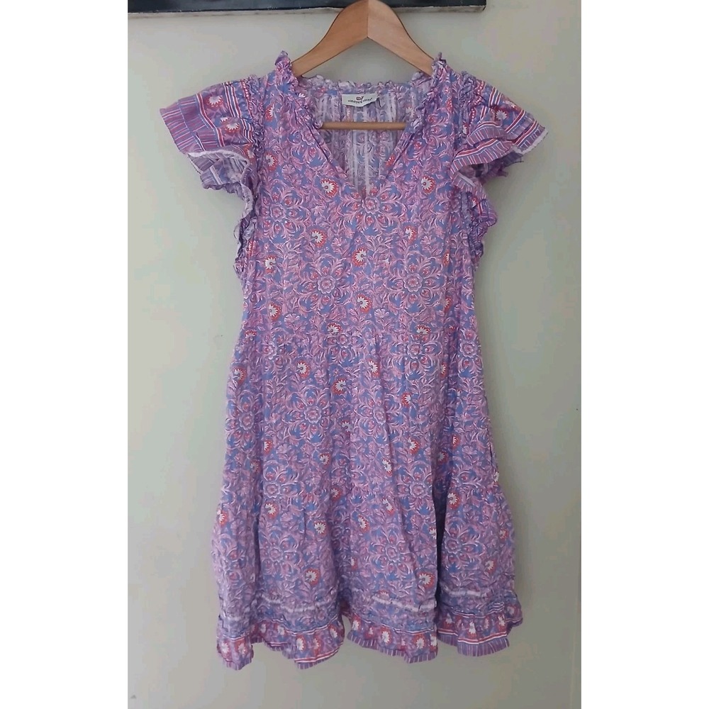 Vineyard Vines Katama Print Ruffle Dress Size Small Pink Floral Boho Peasant